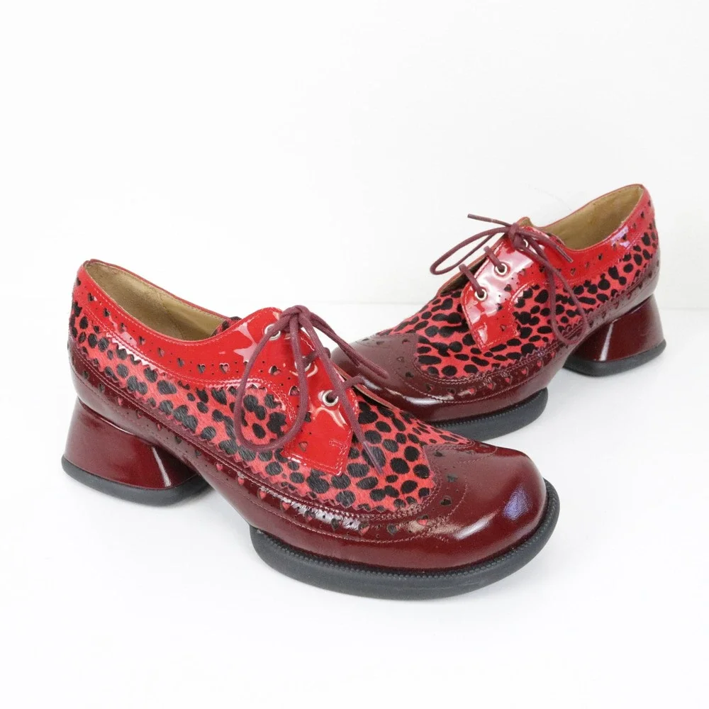 John Fluevog Rosamund Lace-Up Heels with Brogue Hearts 7 Burgundy Pony Hair